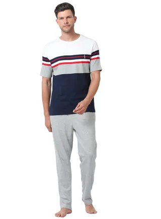 Men's Cotton Pyjama Sets with Round Neck T-shirt in Navy & Grey Melange with Woven long pants 