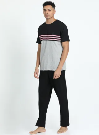 Men's Cotton Pyjama Sets with Round Neck T-shirt in Grey and Black long pants 