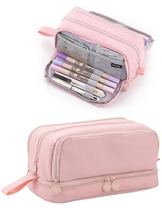 Big Capacity Pencil Case Canvas High Large Storage Pouch Marker Pen Case Simple Stationery Bag School College Office Organizer for Teens Girls Adults Student - Pink, Pink, Unique,simple 