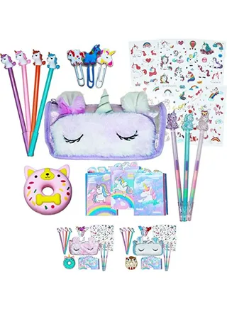 Unicorn Pencil Case Pouch Gift For Girls Storage Bag Pouch Large Multi slot Capacity Fluffy Pen and Gel Pen Eraser Stickers and Tattoos Study Stationery Organizer 