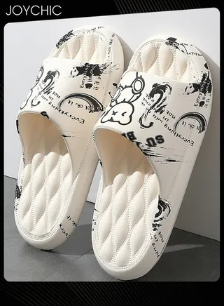 Anti Slip Quick Drying Bathroom Slipper Soft Thick Bottom Breathable Fashion Graffiti Indoor Suitable for Women Men Couple Multicolour 