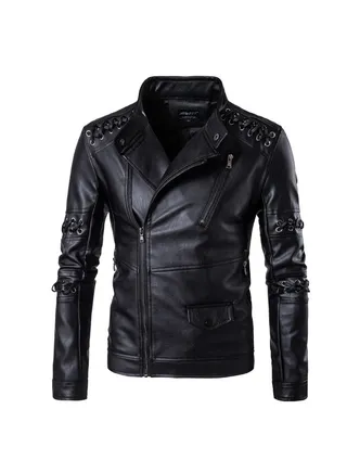 Braided Rope Collar Biker Jacket Black 