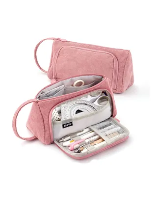 Large Capacity Corduroy Pencil Case for Girls, Teenager Stationery Organizer, Portable Zipper Pen Bag for School Office, Pink 