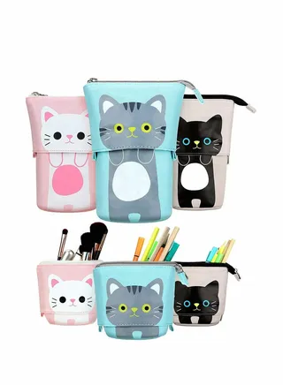 3 pcs Telescopic Pen Case Canvas Cute Cat Pencil Pouch Couple’s Pen Stationery Bags Holder Stand Up Make Up Bag for Students (Gray, Black and White) 