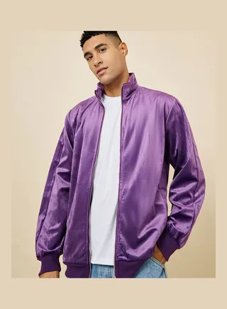 Funnel Collar Regular Fit Velour Jacket 