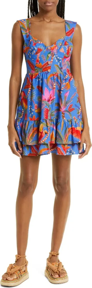 Macaw Party Tiered Linen Blend Fit & Flare Minidress