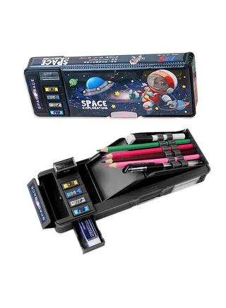 Pop Up Astronaut Pencil Case for Kids, Multifunction Stationery Organizer Box for Boys, Double-Sided Pencil Case, Cute Cartoon Pen Box Organizer Stationery with Sharpener, Schedule, Whiteboard 