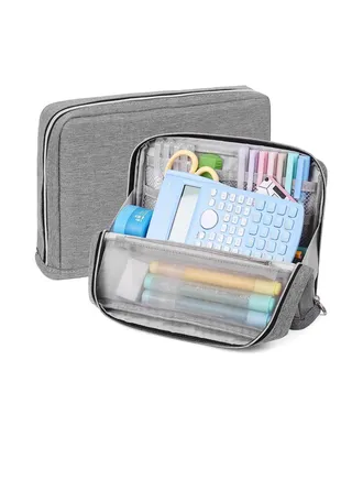 Standing Pencil Case, Big Capacity Pouch, Large Stationery Organizer Bag, Canvas Office School Supplies, for Primary, Middle, College Students Girls Boys, Grey 
