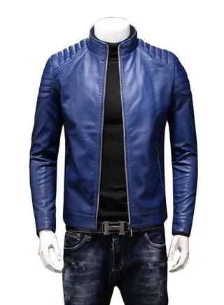 Quilted Shoulder Biker Jacket Blue 