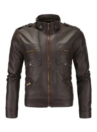 Long Sleeve Leather Jacket Dark Brown 