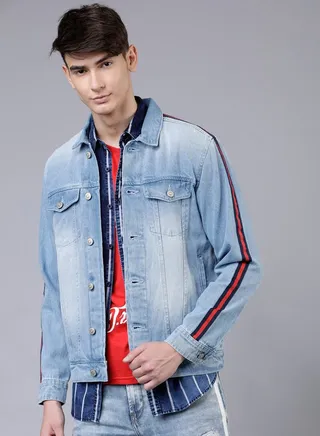 Regular Fit Blue Washed Side Stripe Denim Jacket