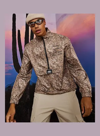 All Over Camo Print Half Zip Track Jacket with Badge Detail 