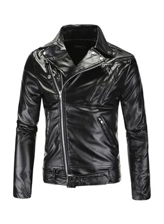 Solid Zipper Fly Biker Jacket Black 
