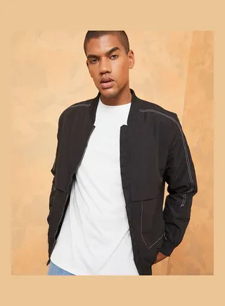 Contrast Stitch Detail Full Zip Utility Jacket 