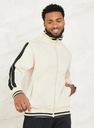 Contrast Double Shoulder Panel Retro Front Zip Jacket