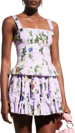Passion Flower-Print Pleated Blouse