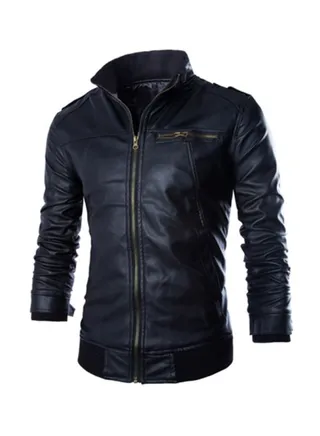 Casual Stand Collar Zip-Up Leather Jacket Black 