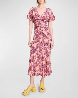 Elodie Printed Waist-Gathered Midi Dress