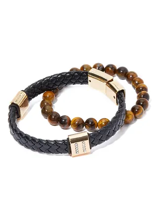 Set of 2 Leather andTiger's Eye Beads Bracelet 