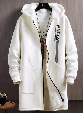 Autumn And Winter Mid-length Fleece Windbreaker Jacket Men's Plus Size Hooded Top 