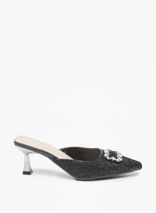 Women's Embellished Slip-On Mules with Flared Heels 