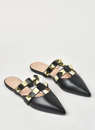 Embellished Pointed Toe Mules Black/Gold 