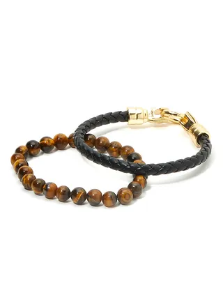 Set of 2 Leather andTiger's Eye Beads Bracelet 