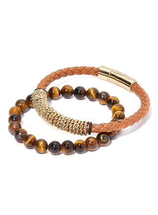 Set of 2 Leather andTiger's Eye Beads Bracelet 
