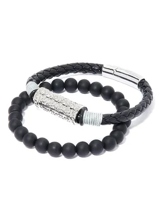 Set of 2 Leather and Beads Bracelet 