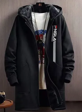 Autumn and Winter Mid-length Fleece Windbreaker Jacket Men's Plus Size Hooded Top 
