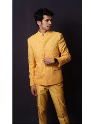 Yellow Embroided mirror work Coat Pant men's wear 