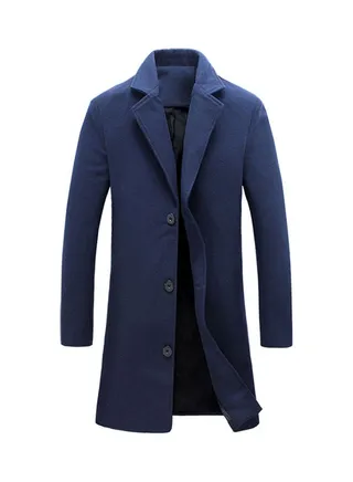 Lapel Collar Woolen Single-Breasted Trench Coat Navy Blue 