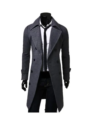 Solid Long Sleeves Lapel Overcoat Grey 