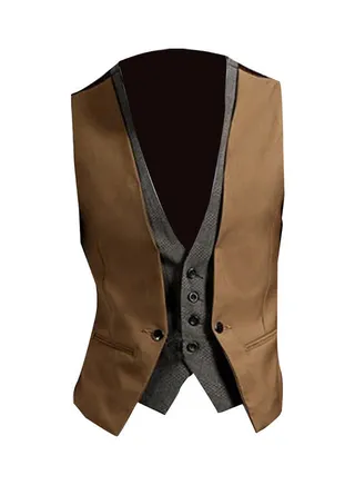 Men Fake Two-Pieces V Neck Sleeveless Button Pocket Slim Fit Waistcoat Jacket Camel 