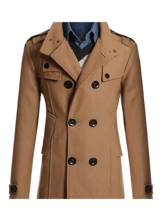 Long Sleeve Lapel Collar Double-Breasted Pockets Woolen Slim Trench Coat multicolour 