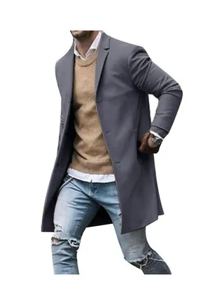 Fashion Men Winter Solid Colour Trench Coat Outwear Overcoat Long Sleeve Jacket Gray 