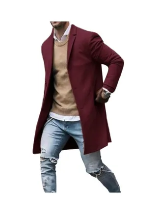 Fashion Men Winter Solid Colour Trench Coat Outwear Overcoat Long Sleeve Jacket Wine Red 