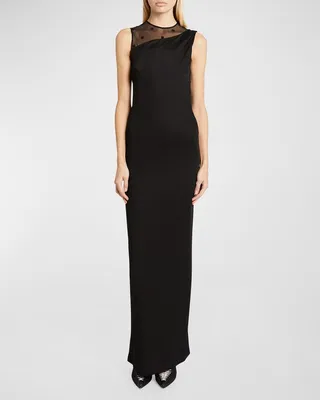 Satin Column Gown with Tulle Inset Detail