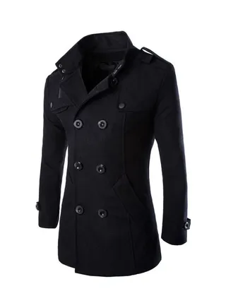 Double-Button Detail Woolen Coat Black 