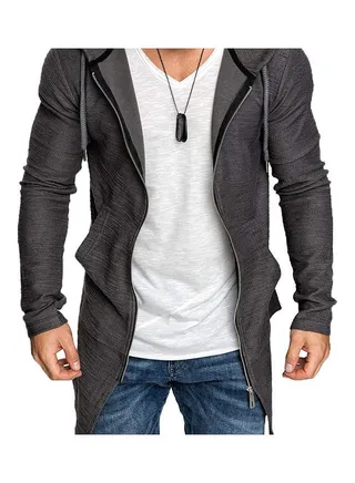 Fashion Men Solid Colour Long Sleeve Hooded Slim Fit Zipper Jacket Coat Outwear Gray 