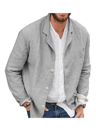 Men Autumn Casual Solid Color Long Sleeve Single-breasted Blazer Coat Jacket Grey 