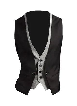 Men Fake Two-Pieces V Neck Sleeveless Button Pocket Slim Fit Waistcoat Jacket Black 