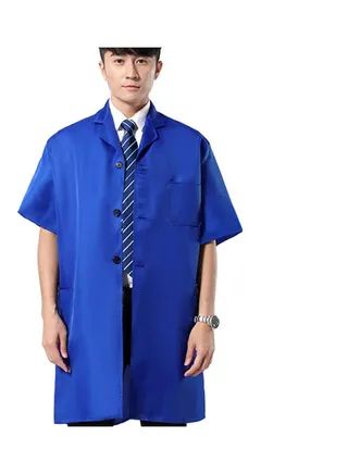 Men Dustproof Long Short Sleeve Buttons Pockets Warehouse Lab Coat Work Clothing Cobalt Blue 