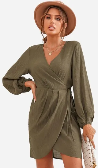 Women's Peasant Long Sleeve Surplice Neck Wrap Mini Dress - Cupshe - Green-L