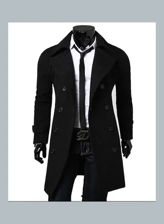 Woolen Lapel Trench Coat V-Neck Double Breasted Slim Casual Middle Long Overcoat Black 
