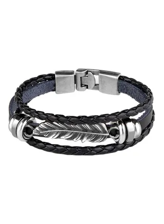 Braided And Feather Designed Leather Bracelet 