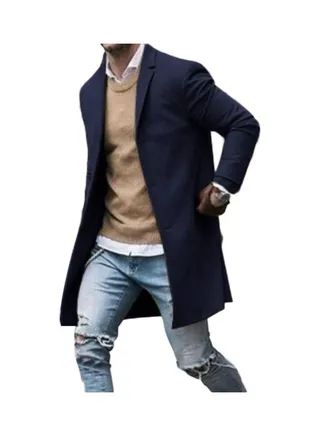 Fashion Men Winter Solid Colour Trench Coat Outwear Overcoat Long Sleeve Jacket Navy Blue 