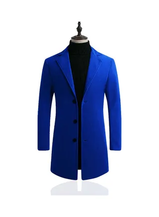 Men Slim Single-breasted  V-Neck Woolen Trench Coat Royal blue 