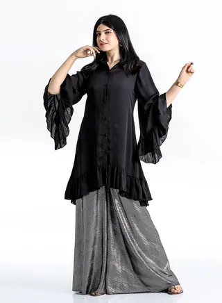 Black Kurti with Designer Sleeve and Grey Lehnga 