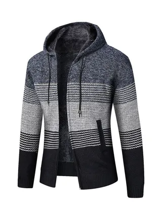 Stripes Zipper Plush Hooded Jacket Navy Blue/Grey 
